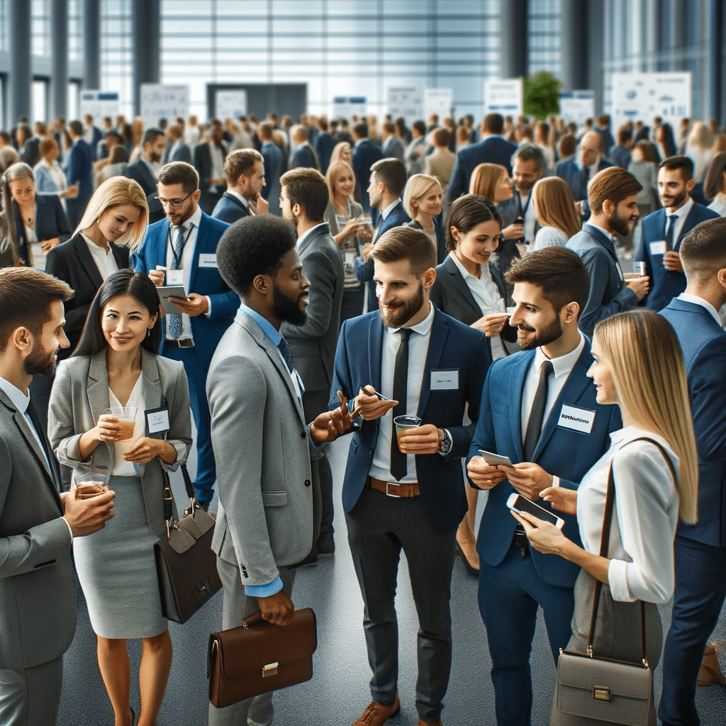 Business professionals networking at conference. Community engagement helps grow LinkedIn followers and connections.