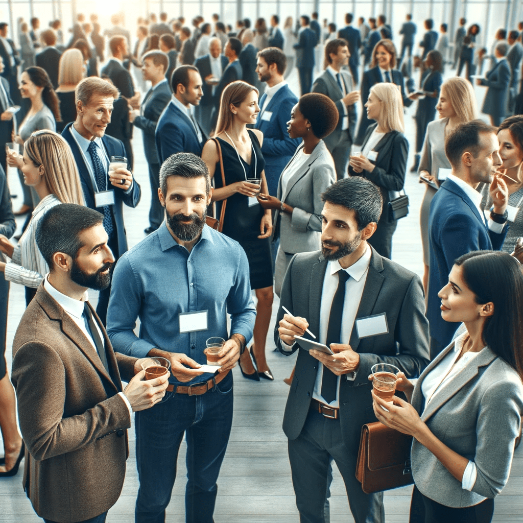 Business professionals networking at conference. Community engagement helps grow LinkedIn followers and connections